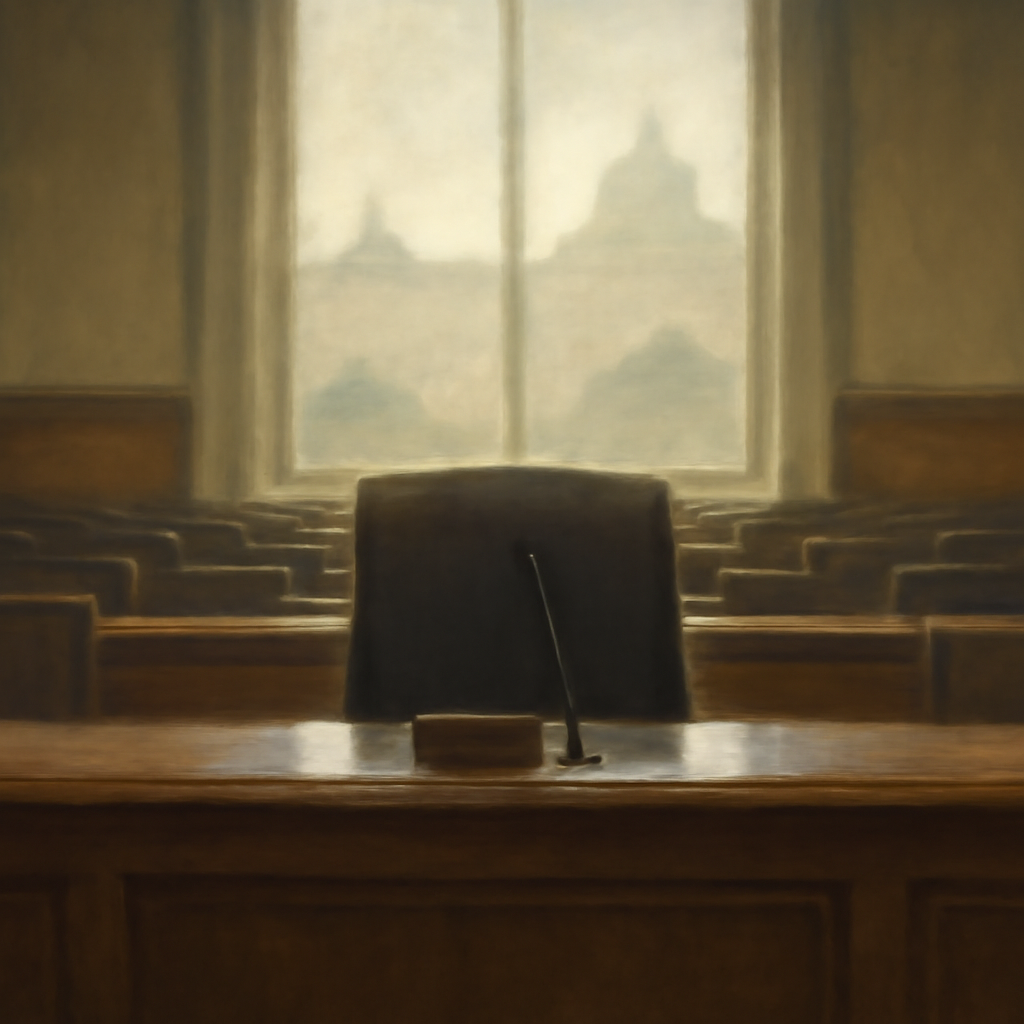 Empty chair sits at a podium in a hearing room with a blurred cityscape outside.