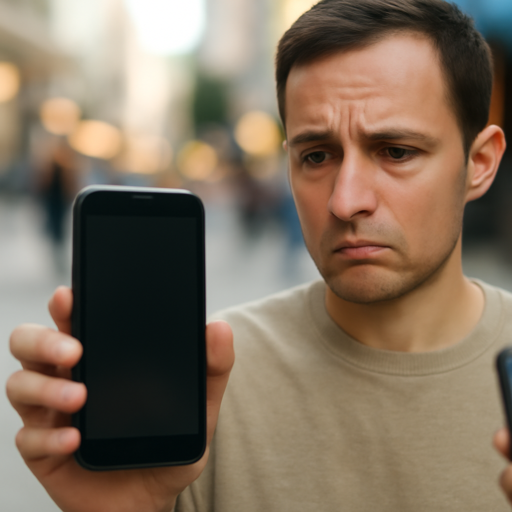 Person holds smartphone with empty screen, looking concerned in public area with subtle hint of malicious environment nearby.