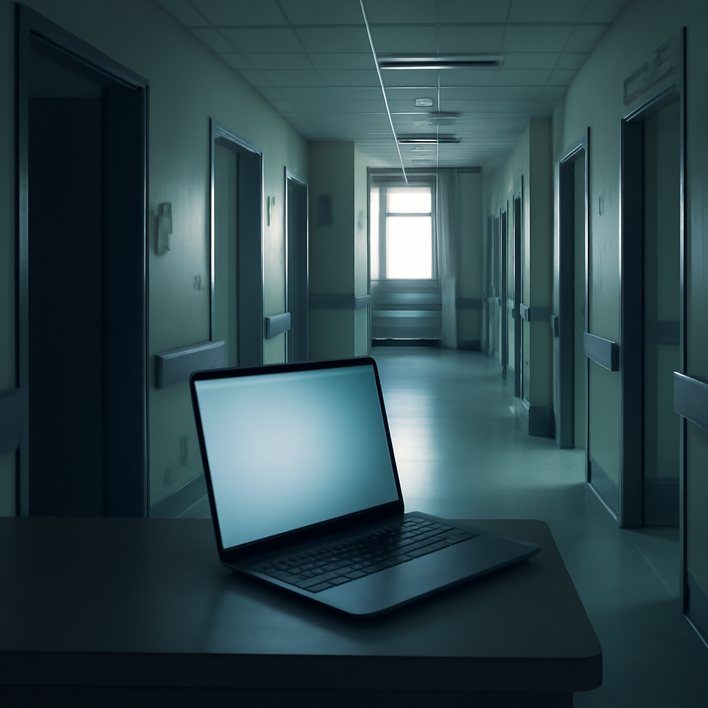 Hospital corridor with laptop in foreground, natural light through large windows.