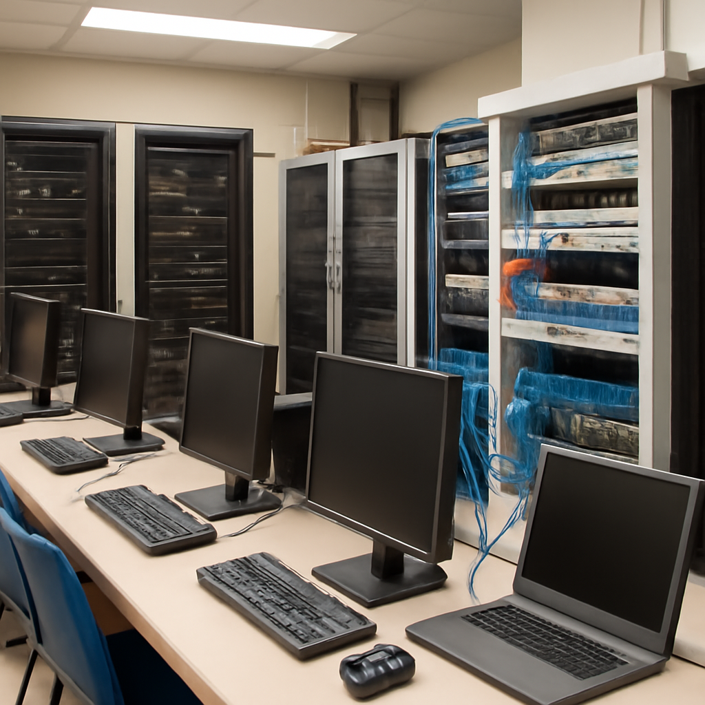 University server room with rows of computer equipment and subtle hints of a security breach.