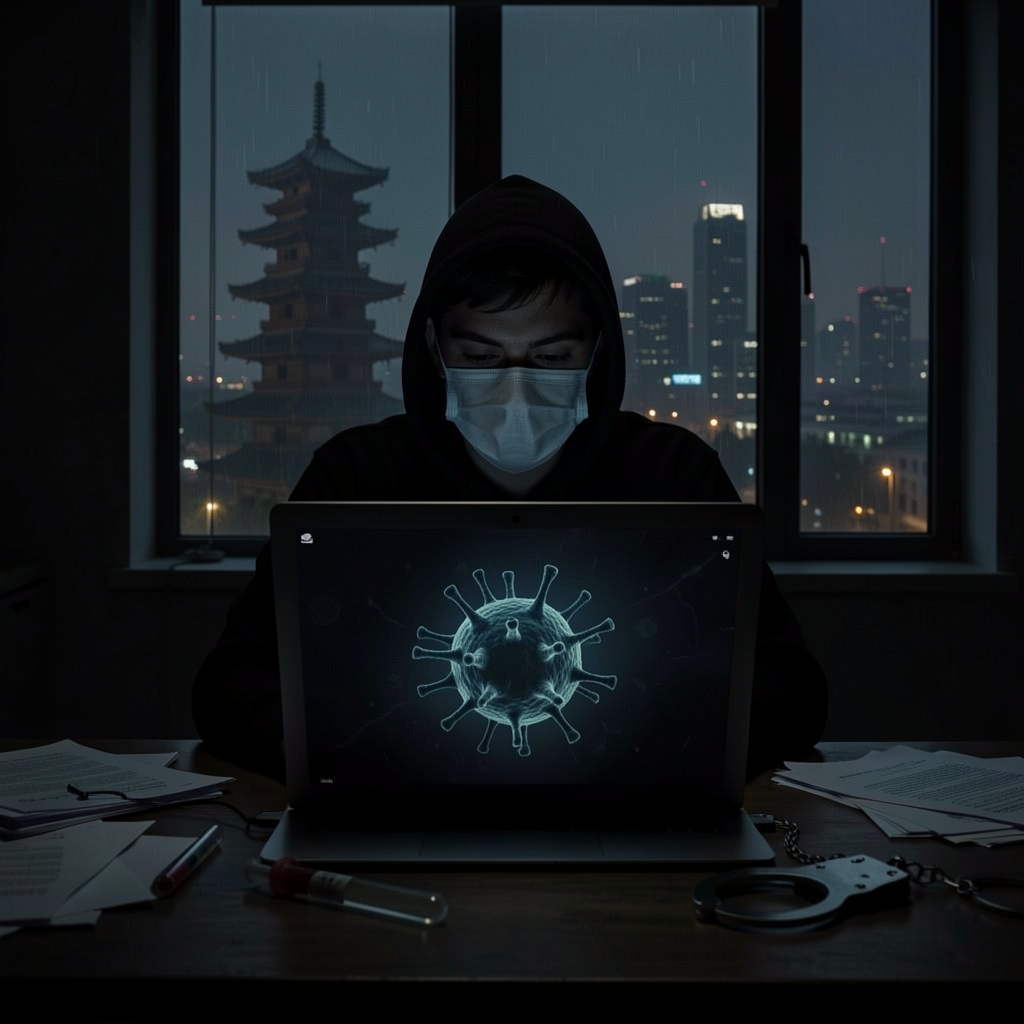 Person in mask sits before laptop with virus cell on screen, surrounded by scattered papers and broken test tube, with…