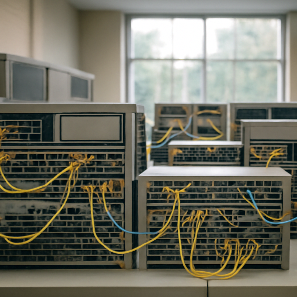Rows of routers and switches in a neutral-colored room with natural light from a large window in the background.