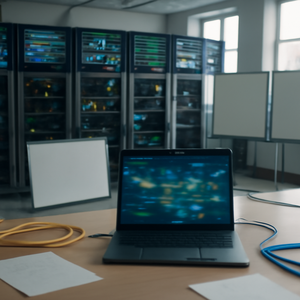 Network operations center with servers and equipment, laptop screen shows abstract code.