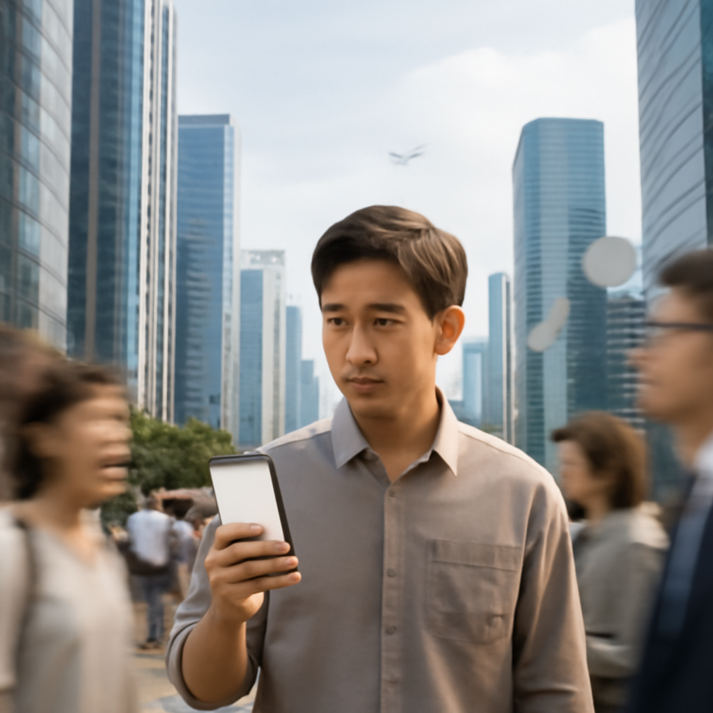 A pedestrian in a modern Asian city holds a smartphone, surrounded by blurred passersby on a busy street.
