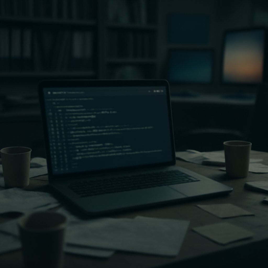 Cluttered workspace with laptop showing code on screen, surrounded by papers and coffee cups.