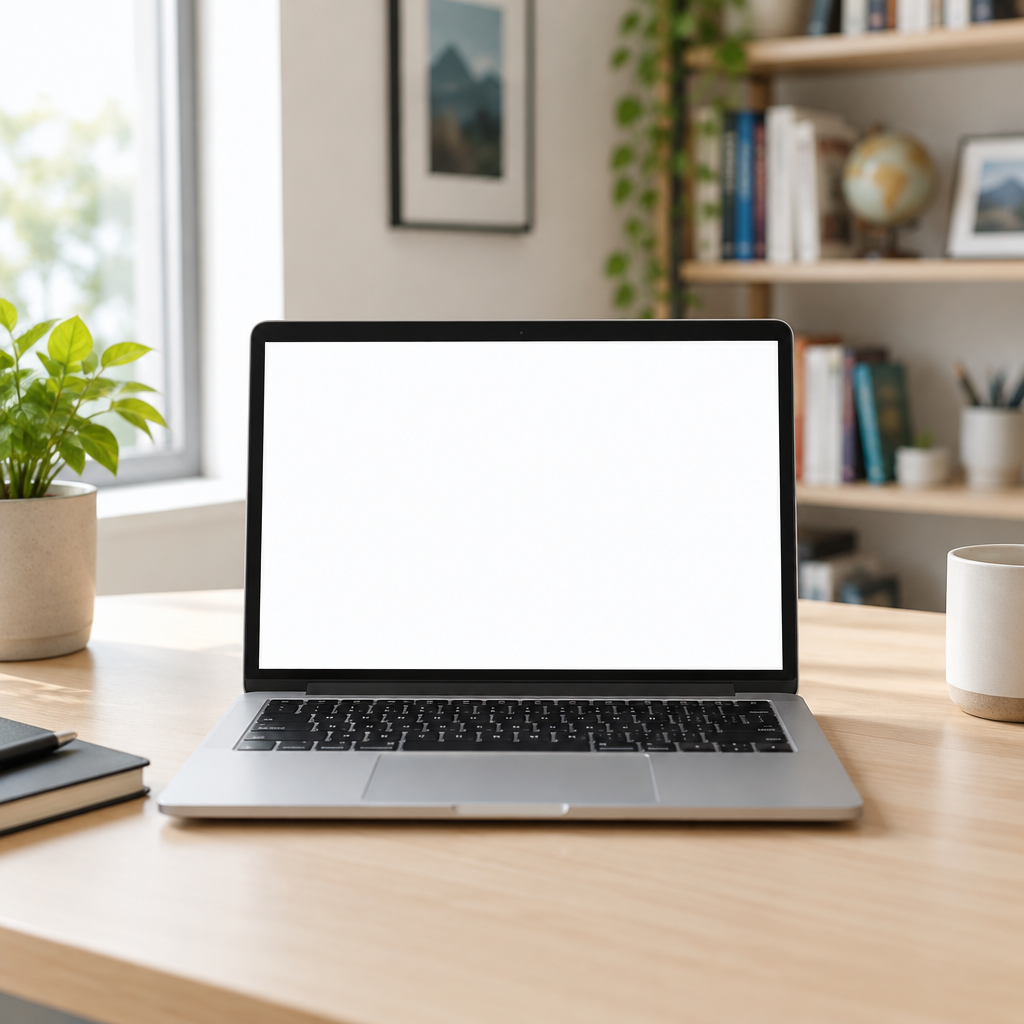 Empty laptop screen on a clutter-free desk with soft natural light and blurred background decor.