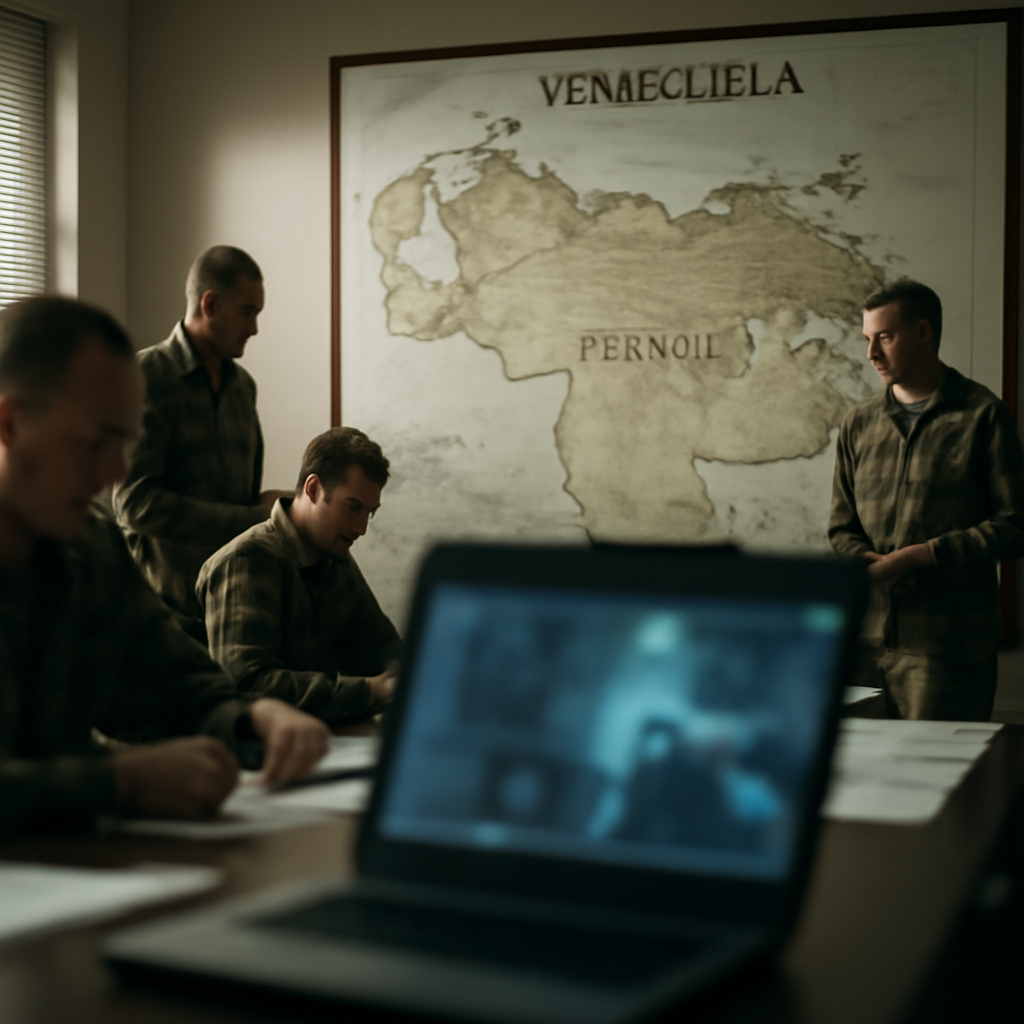 US officials in a briefing room review a large map of Venezuela and data on a computer screen.