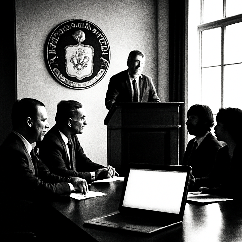 CIA officials gather in a briefing room with a podium and large window.