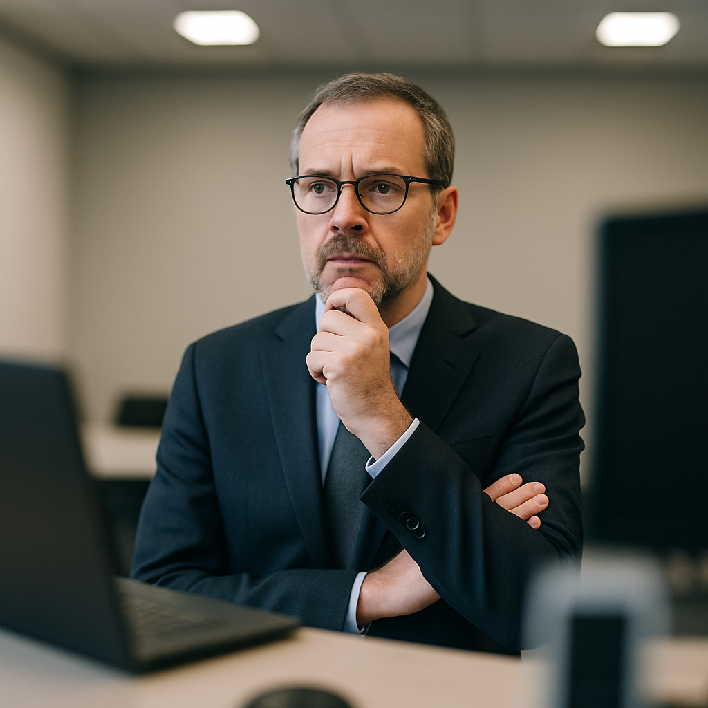 CIO stands thoughtfully amidst blurred tech devices, conveying concern.