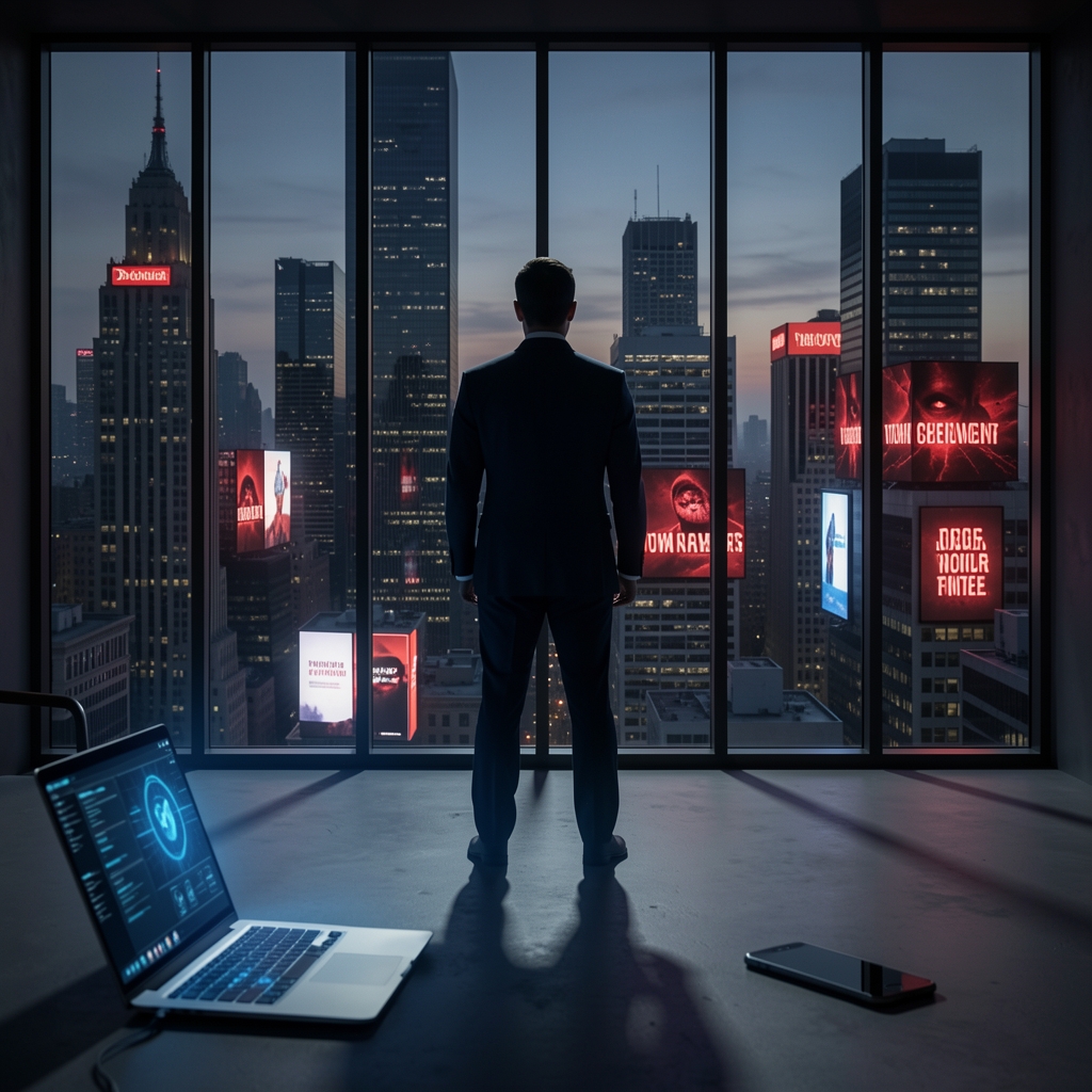 Suited figure stands before ominous window, gazing out at cityscape at dusk, symbolizing cybersecurity vigilance.