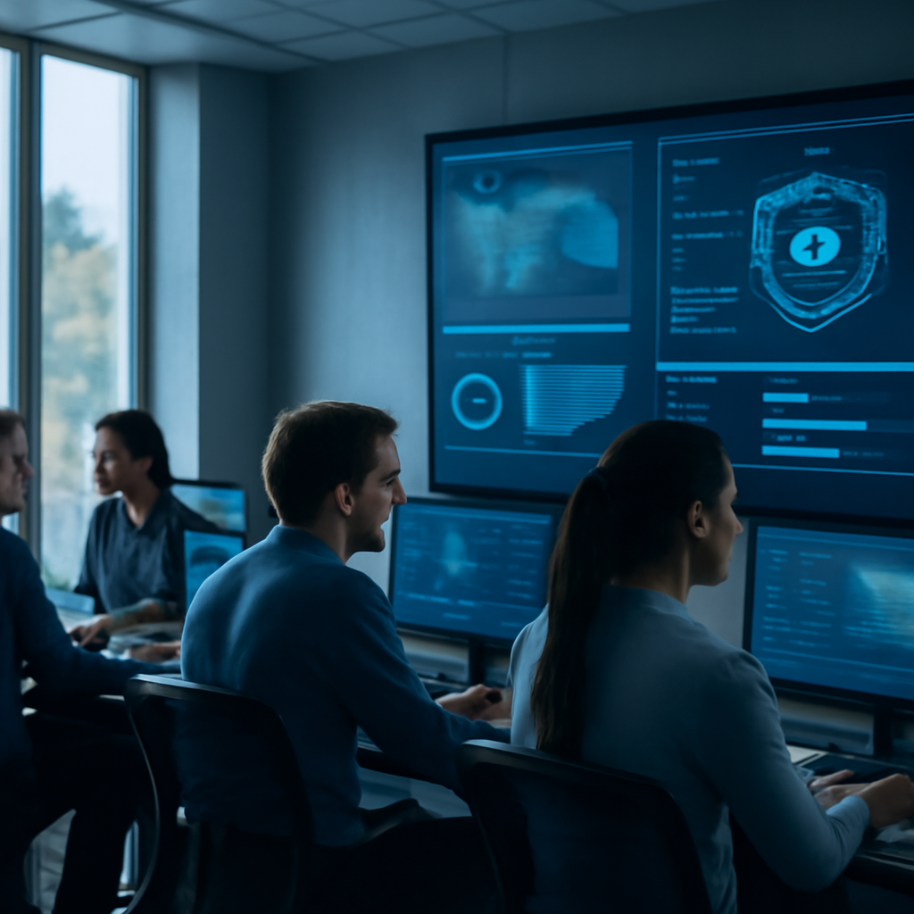 Cybersecurity team works in operations center with daylight and system dashboard.