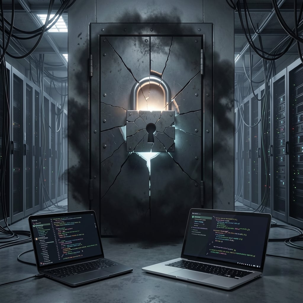 Cracked metal lock with eerie glow, code on smartphone and laptop screens in foreground.