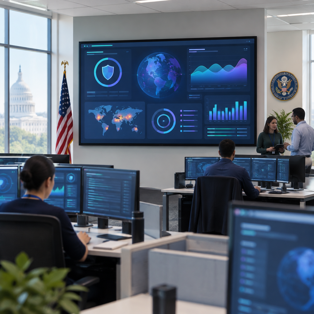Cybersecurity operations room with large screen displaying dashboard.