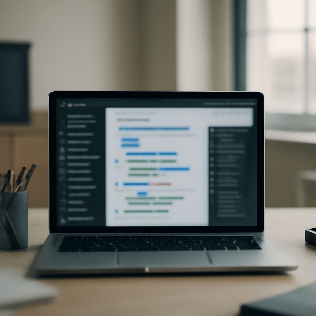 Blurred code on a laptop screen in a brightly-lit workspace with a coding environment in the background.
