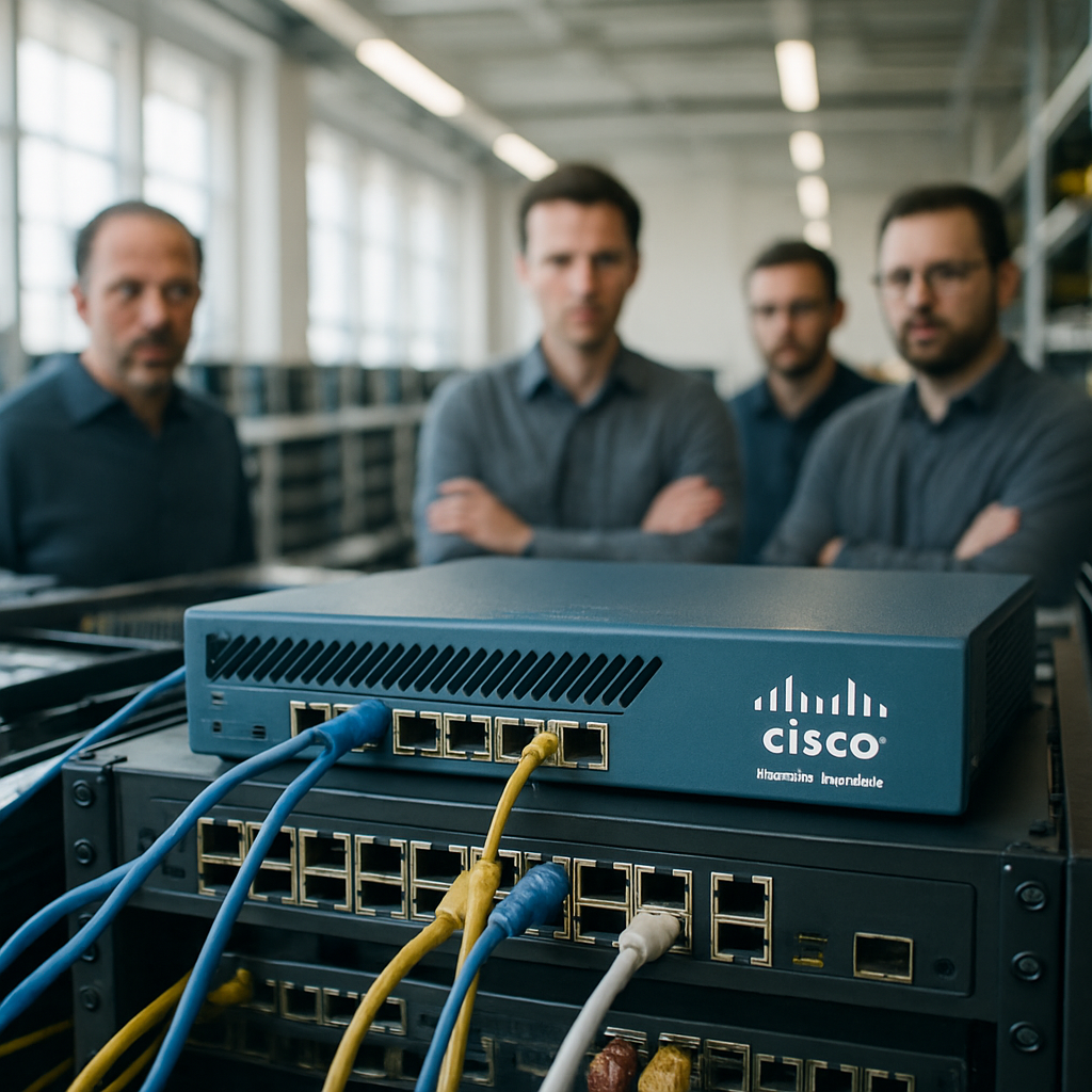 Network equipment and security appliances in a brightly lit industrial control room.