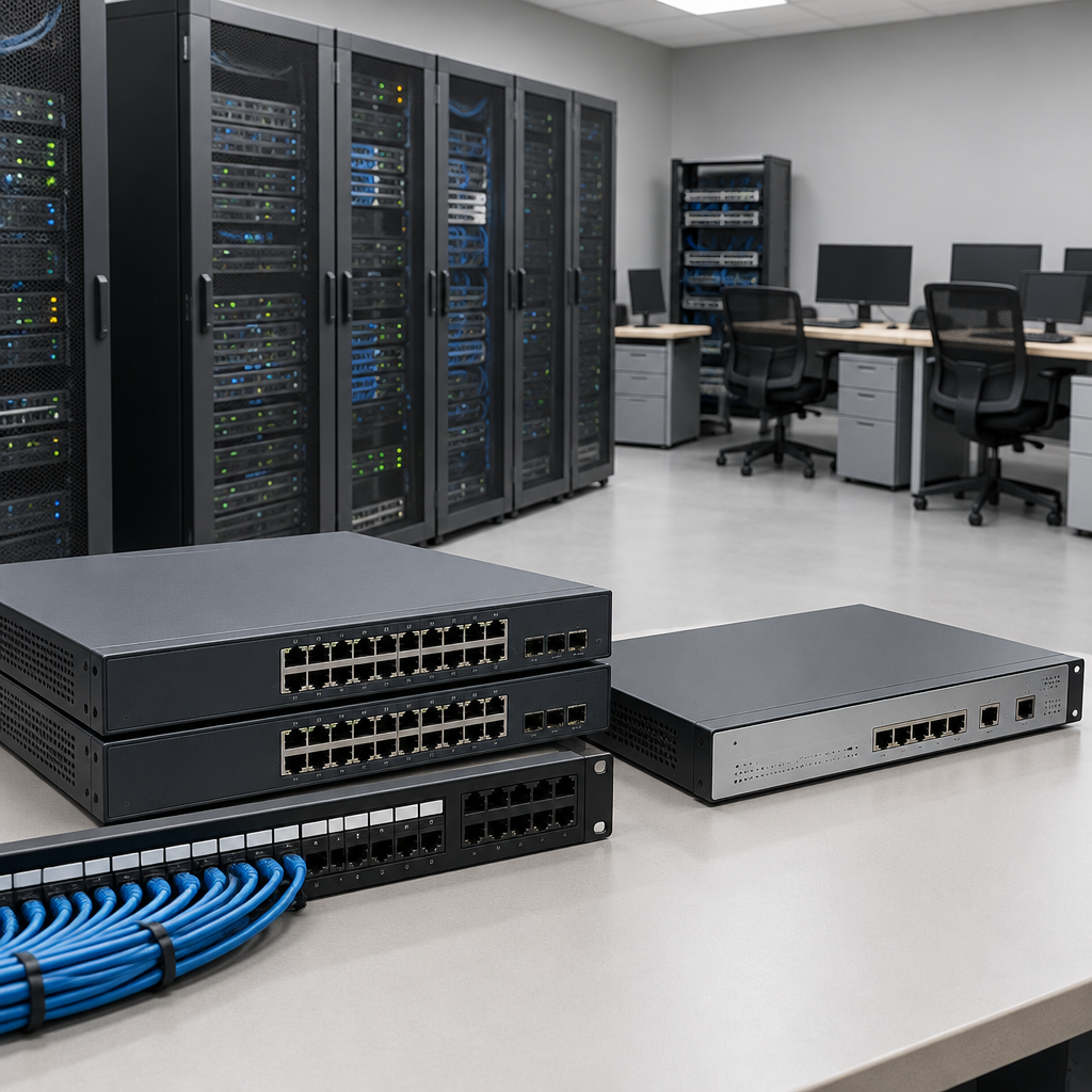 Rows of computer servers and development workstations in a brightly-lit software development room with network devices in…
