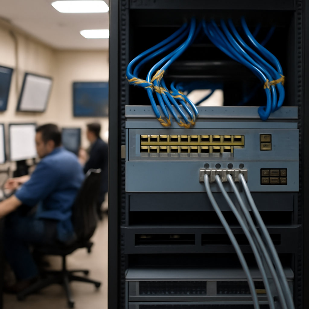 Technicians work in a brightly lit network operations room with a central router or switch surrounded by equipment and…