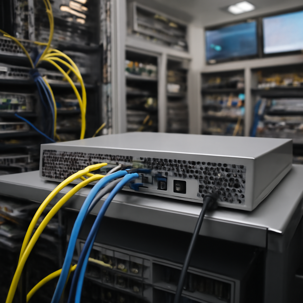 Network equipment and cables surround a Cisco-style SD-WAN controller device in a large IT infrastructure room.
