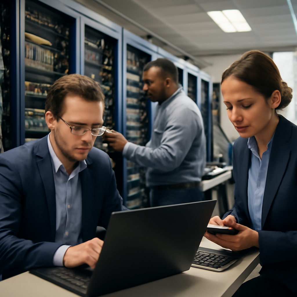 Technicians work on devices in a brightly-lit network operations center with rows of equipment racks and monitoring stations.