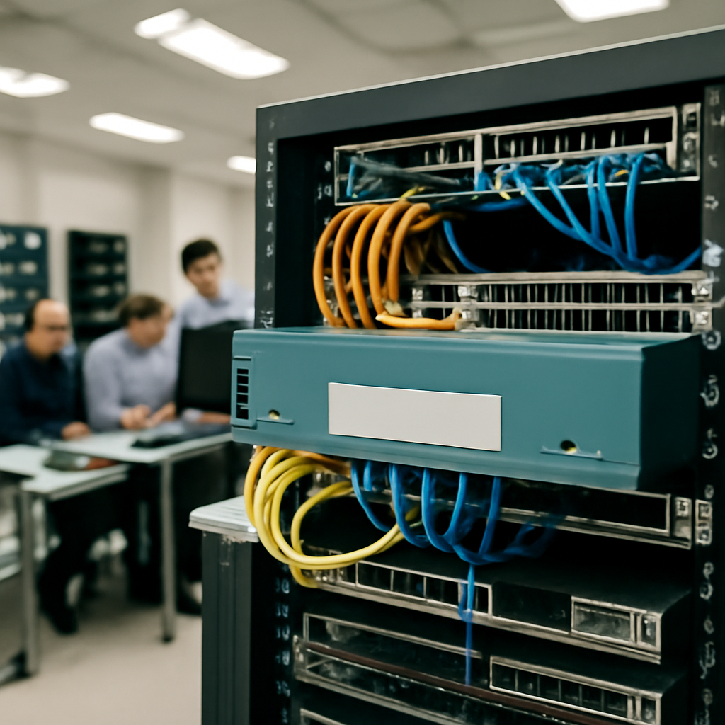 Network equipment room with Cisco router and technicians working in background.