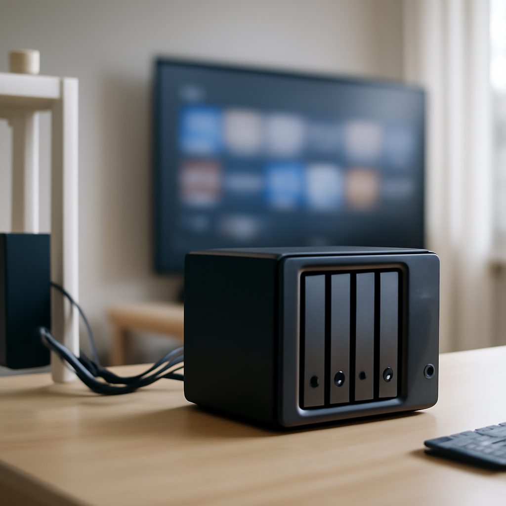 Media server device on a shelf with cables organized and TV in background.