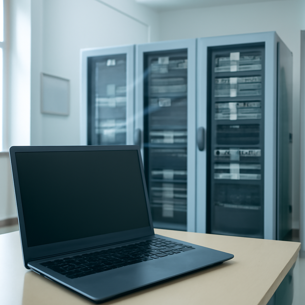 Government agency server room with rows of computer equipment and SharePoint technology setup.