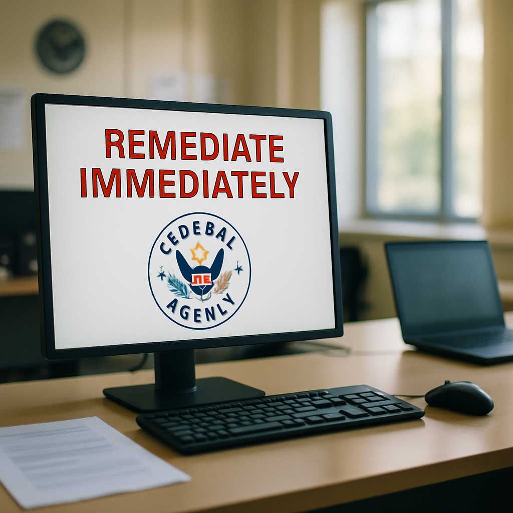 Federal agency office with computer workstation, papers, and laptop, conveying urgency and remediation.
