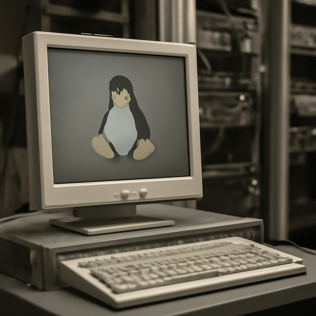 Linux server setup in a data center with muted colors and standard lighting.