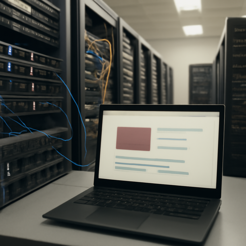 Server room with rows of equipment, a single server highlighted, and a laptop screen showing a blank management interface.
