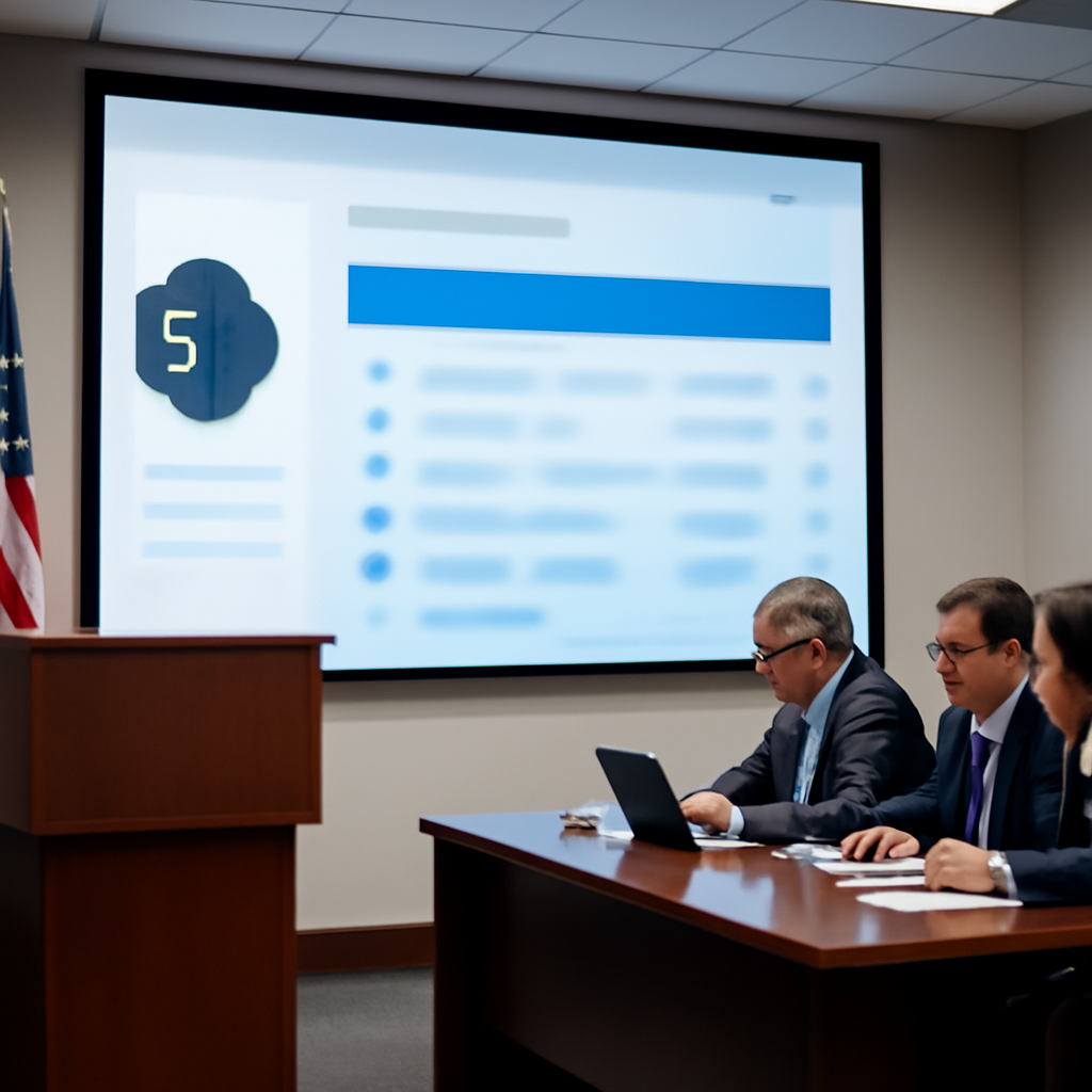 Officials gather around a podium and large screen displaying a blurred SharePoint interface.