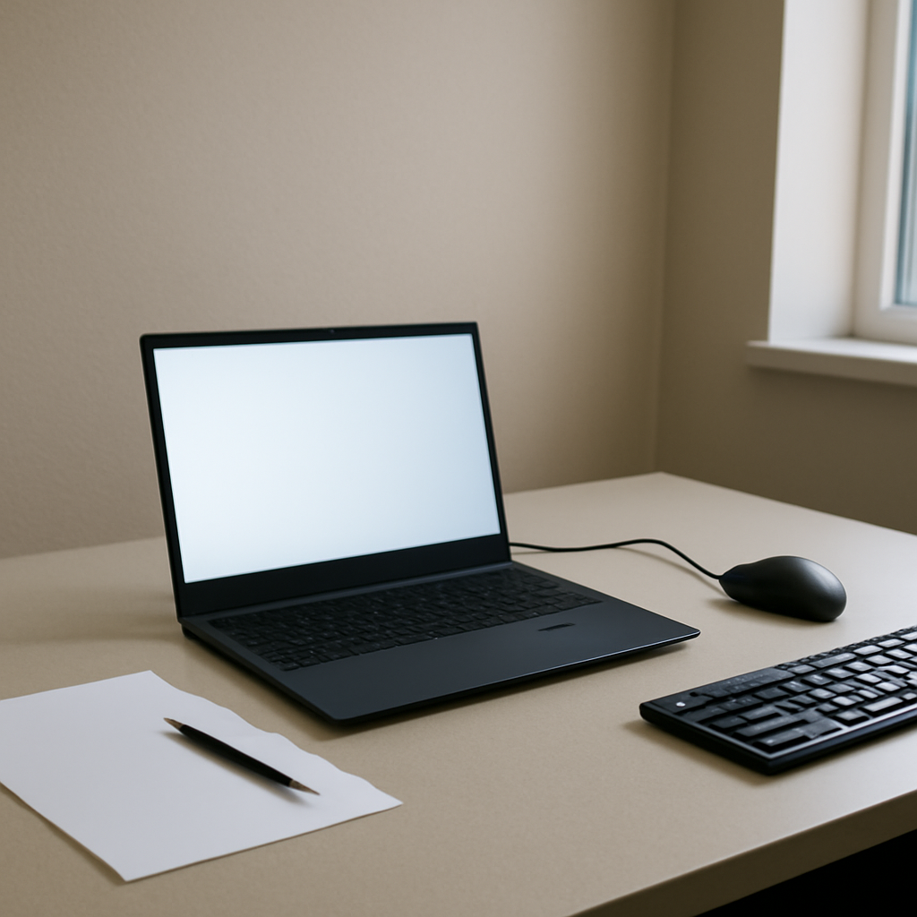 Empty computer workstation on a neutral-colored desk in a generic office setting with a laptop and peripherals.