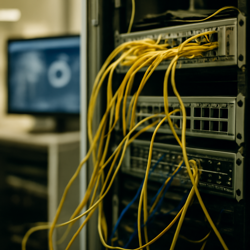 Networked server equipment and cabling in a brightly-lit data center with a blurred background.