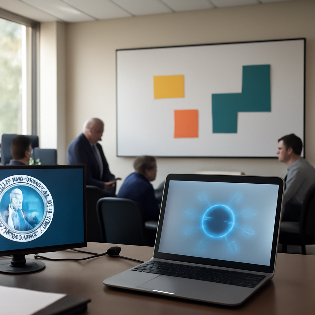 Government agency office with computer workstations and a blurred AI model interface on a laptop screen.