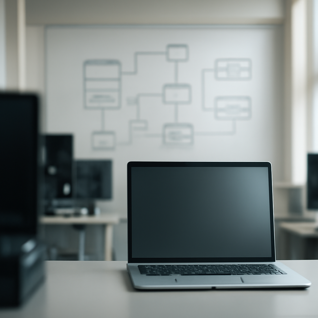 Modern office interior with laptop, monitors, and equipment, featuring abstract network representation in background.