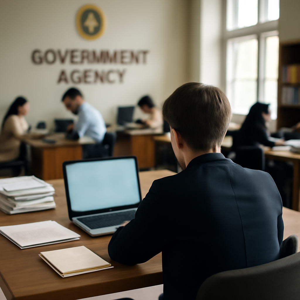 Government agency office with a person working on a laptop at a conference table.