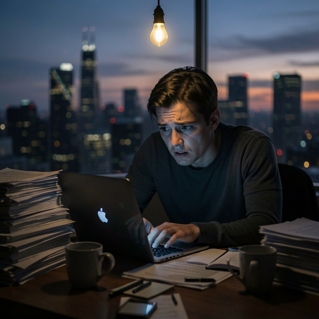 Exhausted person hunched over cluttered desk with laptop screen casting eerie light on their face.