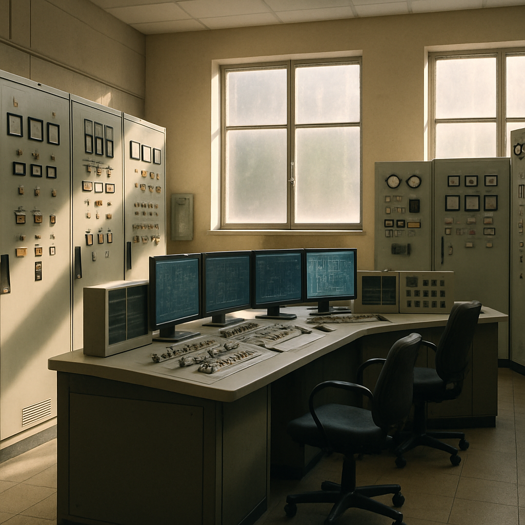 Control room interior with industrial control systems and monitoring screens illuminated by daylight from large windows.