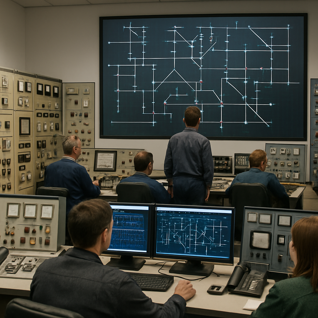 Technicians and operators work at consoles in a power grid control room with a mix of analog and digital equipment.