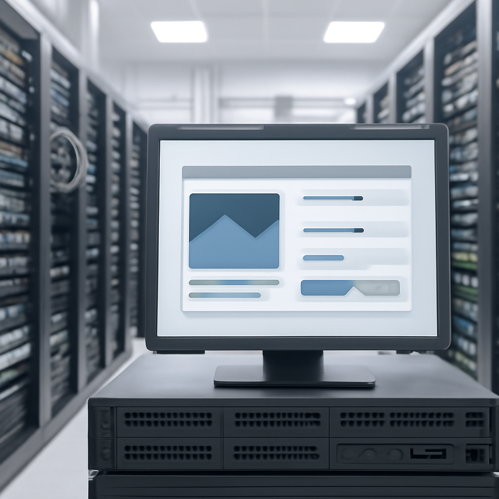 Server room with rows of equipment, focusing on a single server screen displaying a plugin interface.