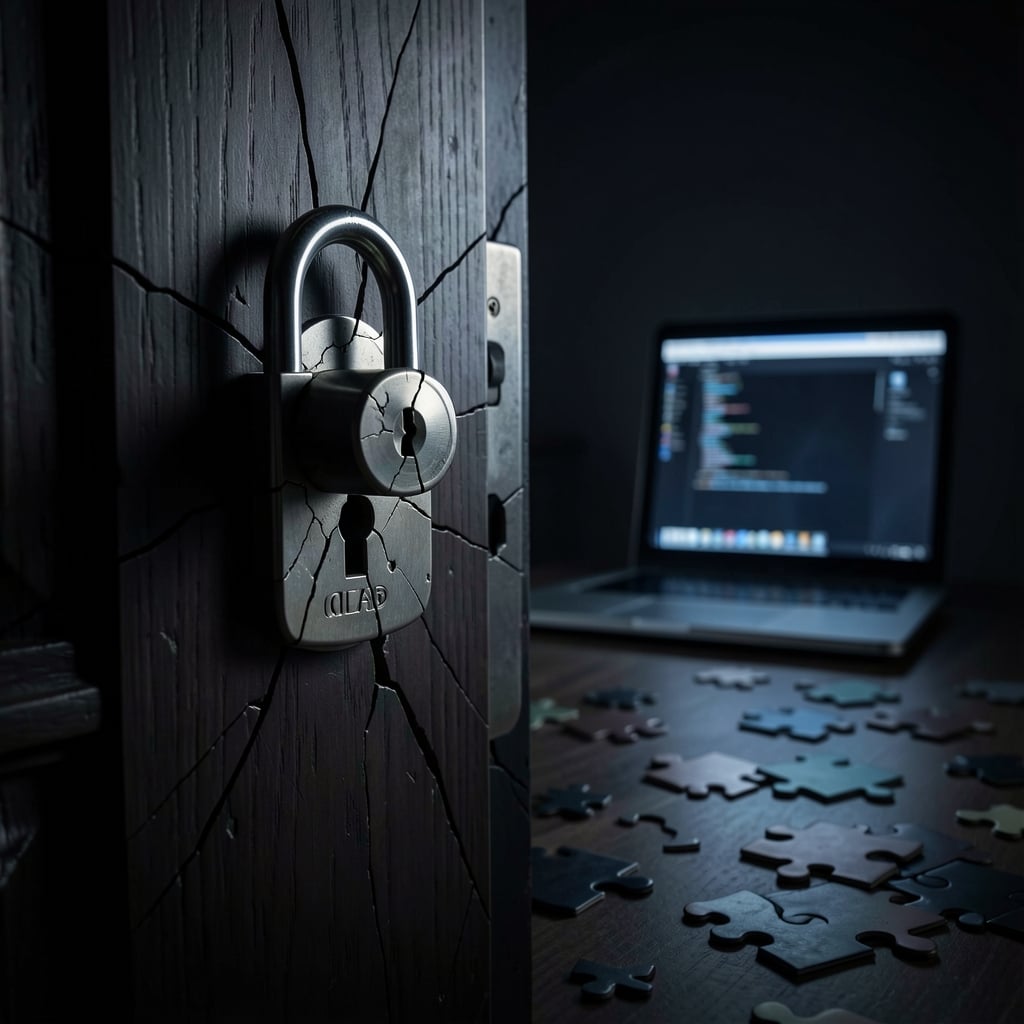 Cracked digital lock with laptop glow and scattered puzzle pieces, symbolizing exploited vulnerability.