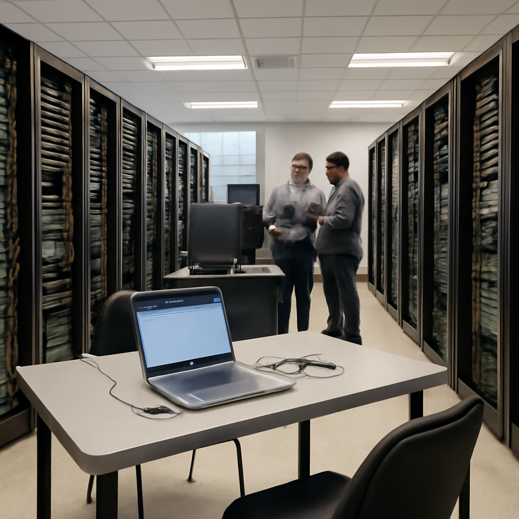 Technicians in a server room examine a laptop near a network operations console.