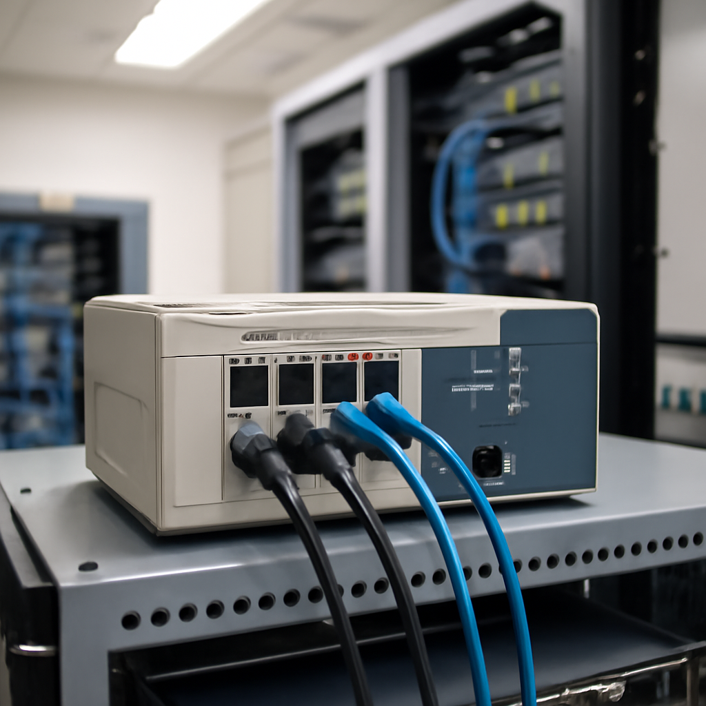 Network device on a rack in a brightly-lit IT infrastructure room.
