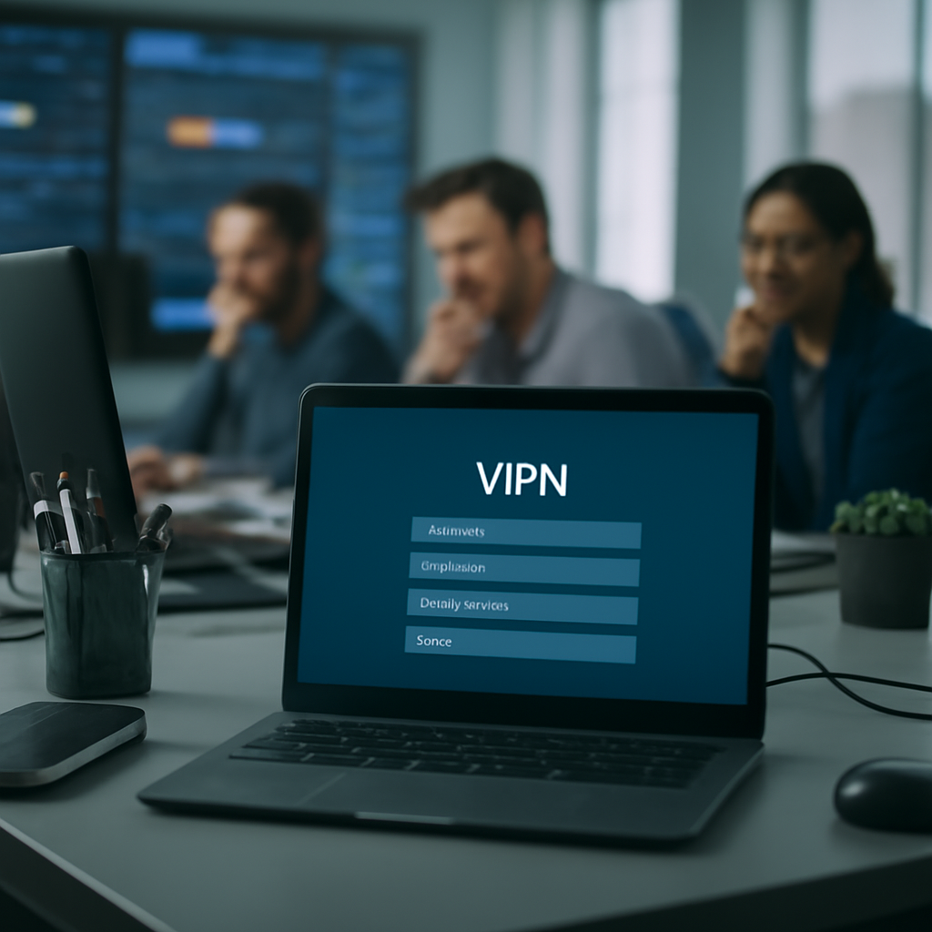 Network operations center with a laptop showing a blurred VPN configuration screen amidst office equipment.