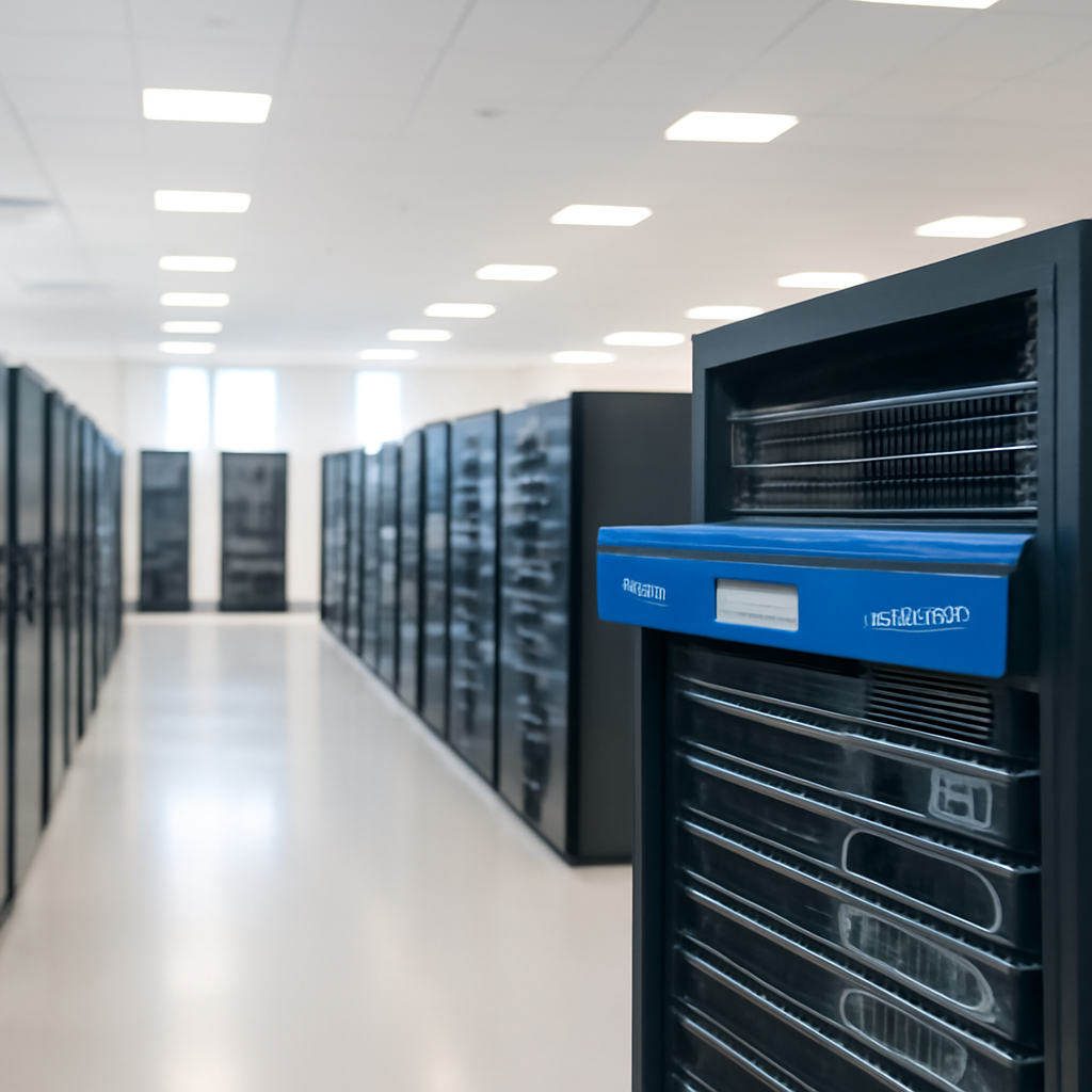 Rows of computer servers and networking equipment in a data center, with a Citrix NetScaler appliance prominently displayed…