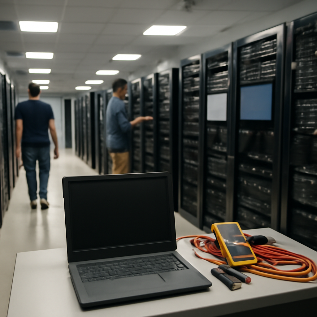 Technicians walk through a server room with rows of equipment racks and computer servers.