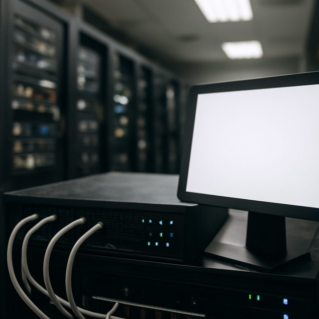 Server room with rows of equipment, focusing on a single unoccupied device.