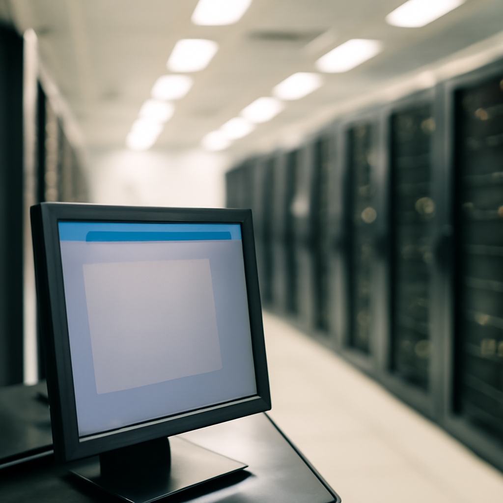 Rows of equipment racks in a brightly-lit IT facility with a single, out-of-focus figure in the foreground.