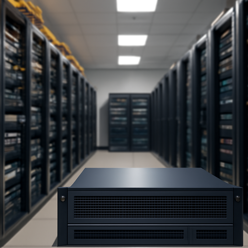 Rows of rack-mounted servers and IT equipment in a brightly-lit, empty data center interior.