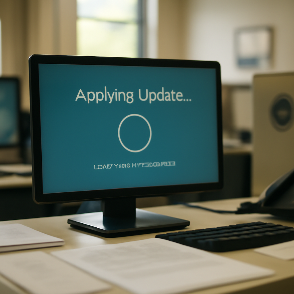 Computer screen shows patch update being applied in a government office setting.