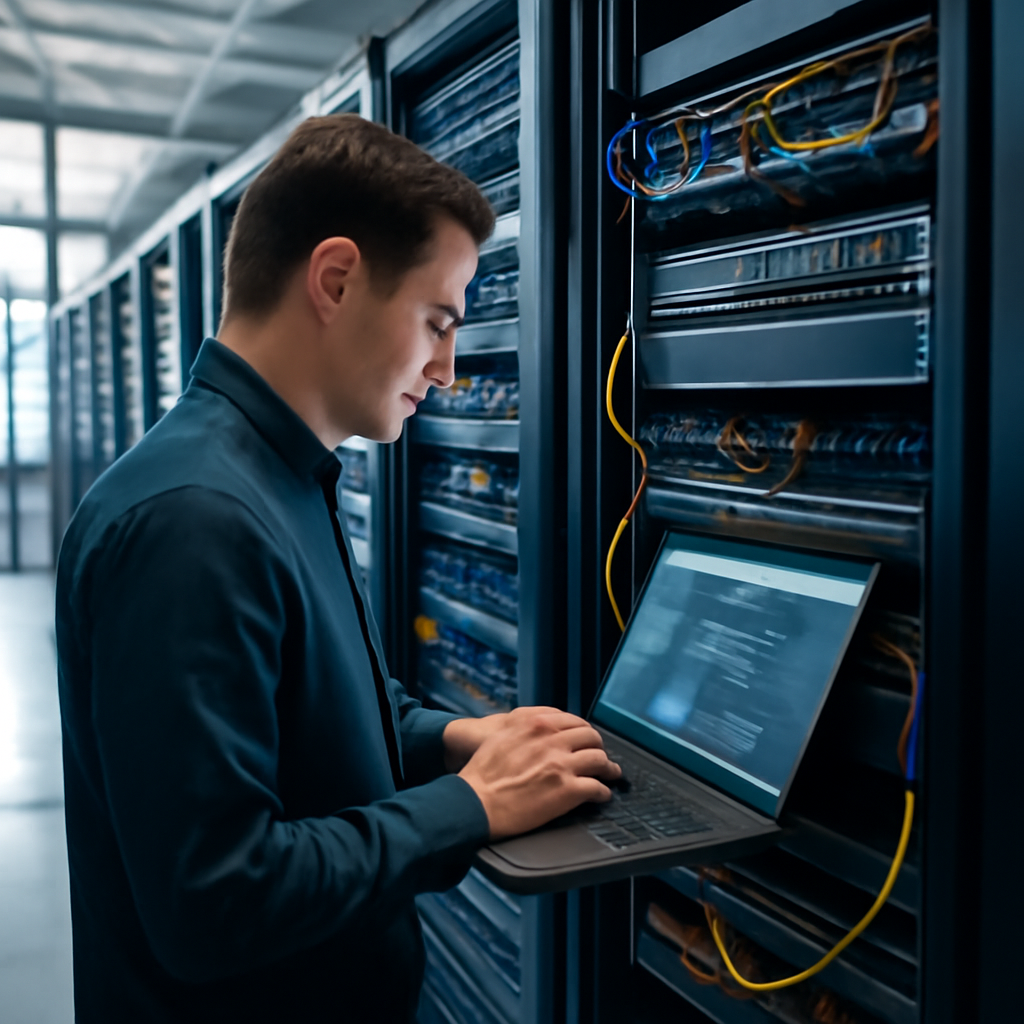 Technician examines server rack with laptop in a brightly-lit network operations room.